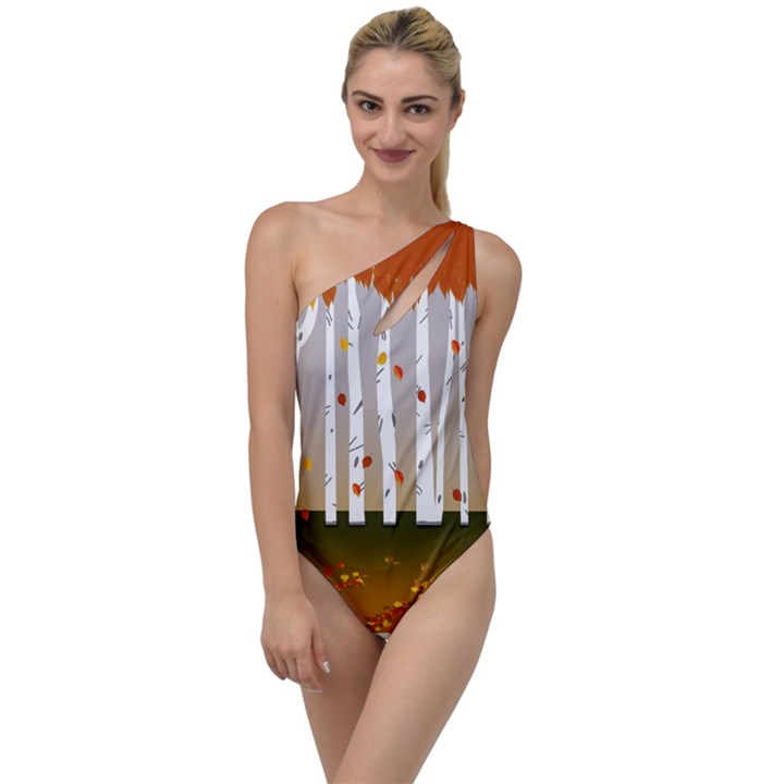 Birch Trees Fall Autumn Leaves To One Side Swimsuit