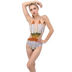 Birch Trees Fall Autumn Leaves Plunging Cut Out Swimsuit by Sarkoni