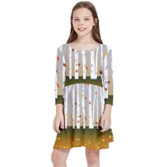 Birch Trees Fall Autumn Leaves Kids  Quarter Sleeve Skater Dress by Sarkoni