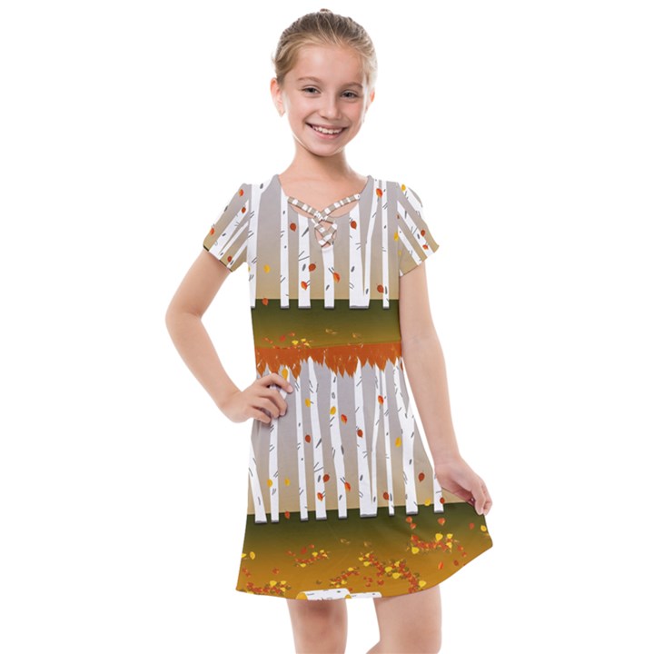 Birch Trees Fall Autumn Leaves Kids  Cross Web Dress