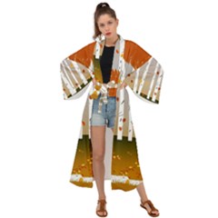 Birch Trees Fall Autumn Leaves Maxi Kimono by Sarkoni