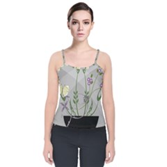 Flower Butterfly Pot Velvet Spaghetti Strap Top by Sarkoni