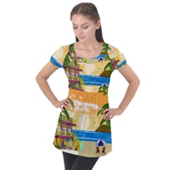 Vector Graphic Clipart Beach House Puff Sleeve Tunic Top by Sarkoni