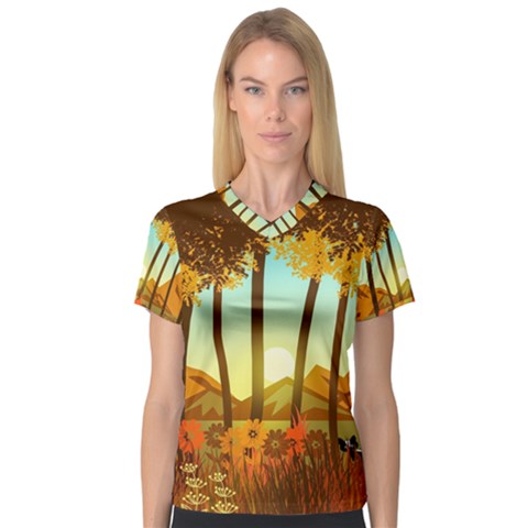 Mountains Fall Flowers V-neck Sport Mesh T-shirt by Sarkoni