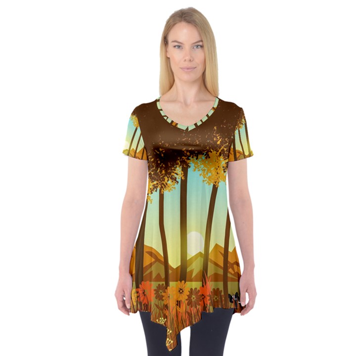 Mountains Fall Flowers Short Sleeve Tunic 