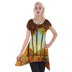 Mountains Fall Flowers Short Sleeve Side Drop Tunic by Sarkoni