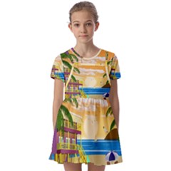 Vector Graphic Clipart Beach House Kids  Short Sleeve Pinafore Style Dress by Sarkoni