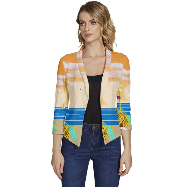 Vector Graphic Clipart Beach House Women s Casual 3/4 Sleeve Spring Jacket