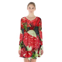 Poinsettia Christmas Star Plant Long Sleeve Velvet V-neck Dress by Sarkoni