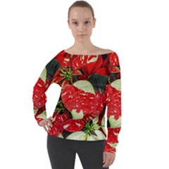 Poinsettia Christmas Star Plant Off Shoulder Long Sleeve Velour Top by Sarkoni