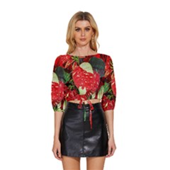 Poinsettia Christmas Star Plant Mid Sleeve Drawstring Hem Top by Sarkoni