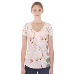 Spring Art Floral Pattern Design Short Sleeve Front Detail Top by Sarkoni