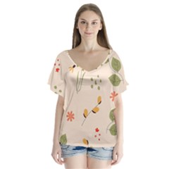 Spring Art Floral Pattern Design V-neck Flutter Sleeve Top by Sarkoni