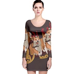 Christmas Santa Claus Dog Sled Long Sleeve Velvet Bodycon Dress by Sarkoni