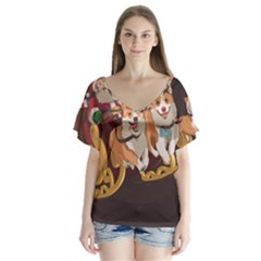 Christmas Santa Claus Dog Sled V-neck Flutter Sleeve Top by Sarkoni