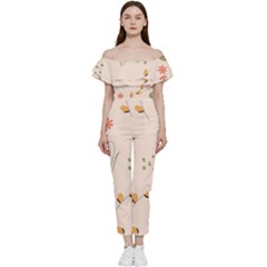 Spring Art Floral Pattern Design Bardot Ruffle Jumpsuit by Sarkoni