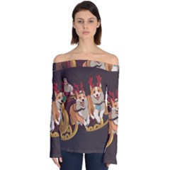 Christmas Santa Claus Dog Sled Off Shoulder Long Sleeve Top by Sarkoni