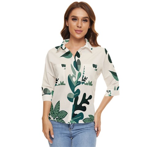 Leaves Plants Foliage Border Women s Quarter Sleeve Pocket Shirt by Sarkoni