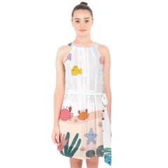 Cartoon Marine Life Marine Drawing Halter Collar Waist Tie Chiffon Dress by Sarkoni