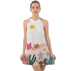 Cartoon Marine Life Marine Drawing Halter Tie Back Chiffon Dress by Sarkoni