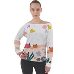 Cartoon Marine Life Marine Drawing Off Shoulder Long Sleeve Velour Top by Sarkoni