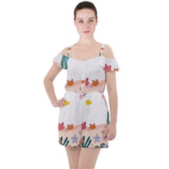 Cartoon Marine Life Marine Drawing Ruffle Cut Out Chiffon Playsuit by Sarkoni