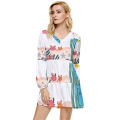 Cartoon Marine Life Marine Drawing Tiered Long Sleeve Mini Dress by Sarkoni