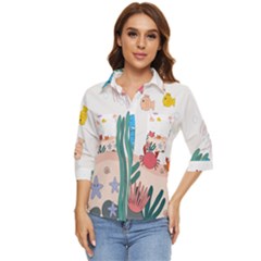 Cartoon Marine Life Marine Drawing Women s Quarter Sleeve Pocket Shirt