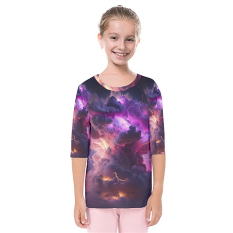 Cloud Heaven Storm Chaos Purple Kids  Quarter Sleeve Raglan T-shirt by Sarkoni