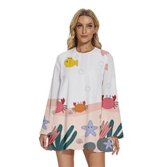 Cartoon Marine Life Marine Drawing Round Neck Long Sleeve Bohemian Style Chiffon Mini Dress by Sarkoni