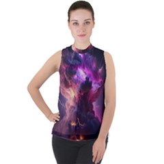 Cloud Heaven Storm Chaos Purple Mock Neck Chiffon Sleeveless Top by Sarkoni