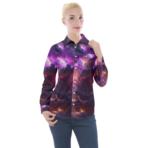 Cloud Heaven Storm Chaos Purple Women s Long Sleeve Pocket Shirt by Sarkoni