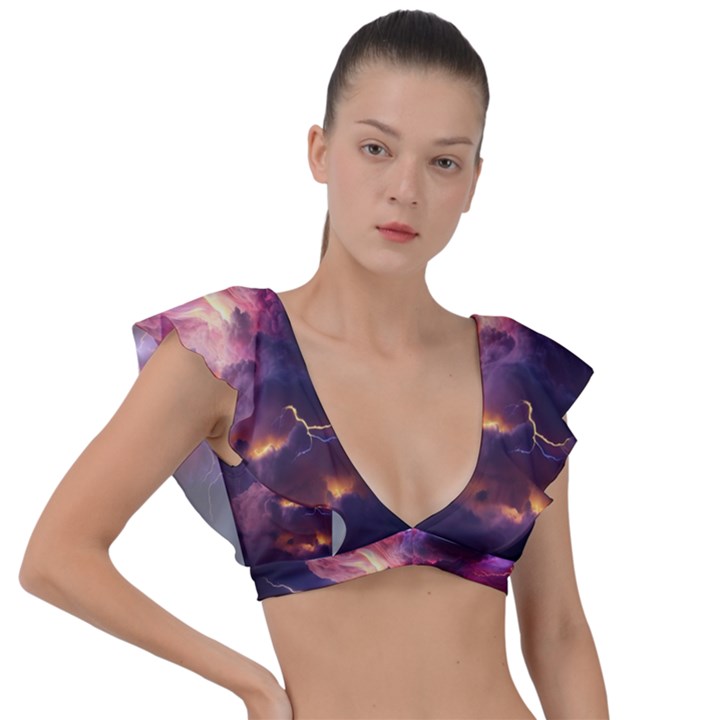 Cloud Heaven Storm Chaos Purple Plunge Frill Sleeve Bikini Top