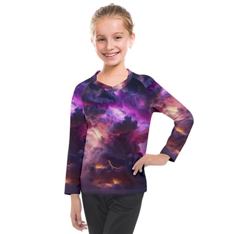 Cloud Heaven Storm Chaos Purple Kids  Long Mesh T-shirt by Sarkoni