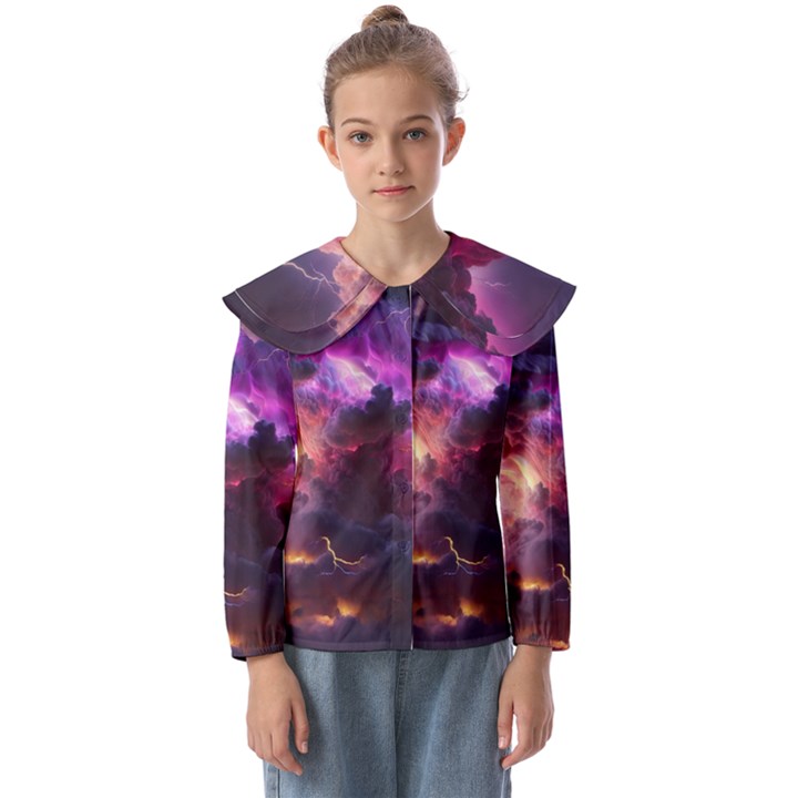 Cloud Heaven Storm Chaos Purple Kids  Peter Pan Collar Blouse