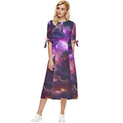 Cloud Heaven Storm Chaos Purple Bow Sleeve Chiffon Midi Dress by Sarkoni