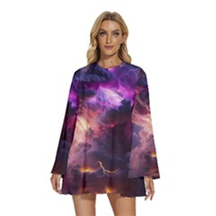 Cloud Heaven Storm Chaos Purple Round Neck Long Sleeve Bohemian Style Chiffon Mini Dress by Sarkoni