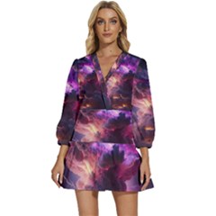 Cloud Heaven Storm Chaos Purple V-neck Placket Mini Dress by Sarkoni