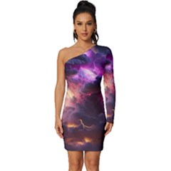 Cloud Heaven Storm Chaos Purple Long Sleeve One Shoulder Mini Dress by Sarkoni