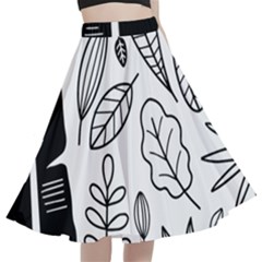 Leaves Plants Doodle Drawing A-line Full Circle Midi Skirt With Pocket