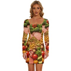 Fruit Snack Diet Bio Food Healthy Long Sleeve Square Neck Bodycon Velvet Dress by Sarkoni