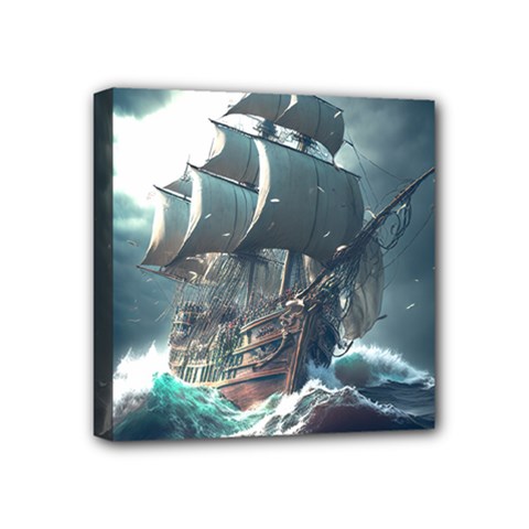 Pirate Ship Boat Sea Ocean Storm Mini Canvas 4  X 4  (stretched) by Sarkoni