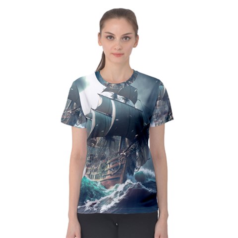 Pirate Ship Boat Sea Ocean Storm Women s Sport Mesh T-shirt by Sarkoni