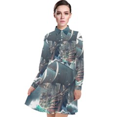 Pirate Ship Boat Sea Ocean Storm Long Sleeve Chiffon Shirt Dress by Sarkoni