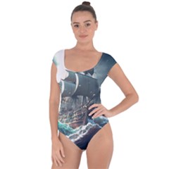 Pirate Ship Boat Sea Ocean Storm Short Sleeve Leotard  by Sarkoni