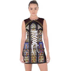 Stained Glass Window Old Antique Lace Up Front Bodycon Dress by Sarkoni