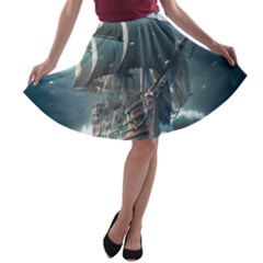 Pirate Ship Boat Sea Ocean Storm A-line Skater Skirt by Sarkoni