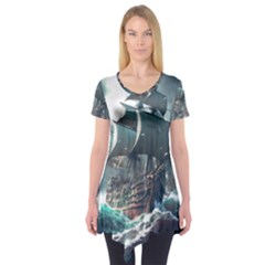 Pirate Ship Boat Sea Ocean Storm Short Sleeve Tunic  by Sarkoni