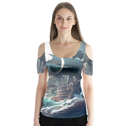 Pirate Ship Boat Sea Ocean Storm Butterfly Sleeve Cutout T-shirt  by Sarkoni