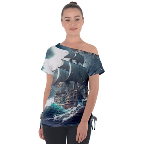 Pirate Ship Boat Sea Ocean Storm Off Shoulder Tie-up T-shirt by Sarkoni